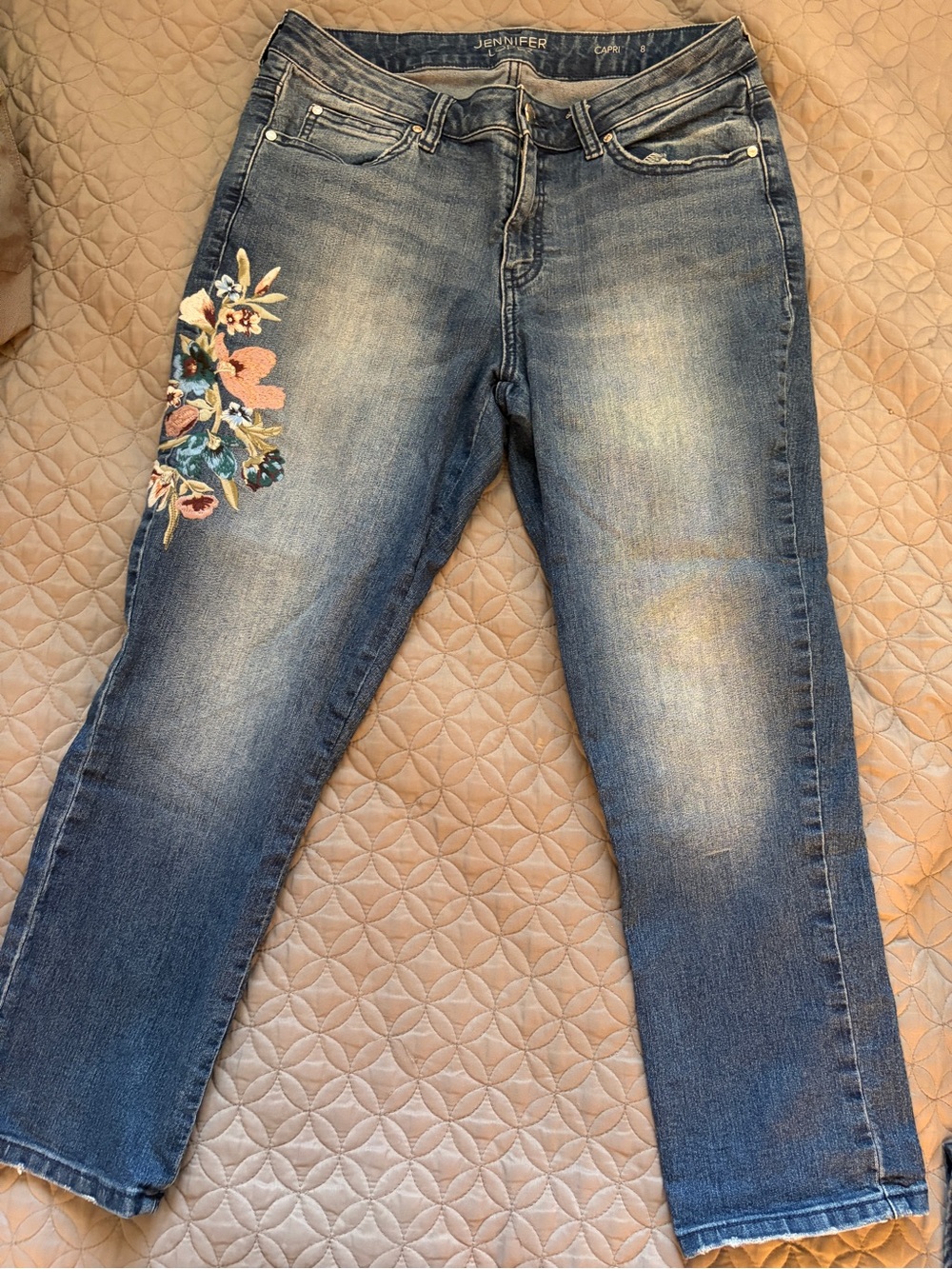 Jennifer Lopez Blue Straight-Leg Jeans with Floral Embroidery